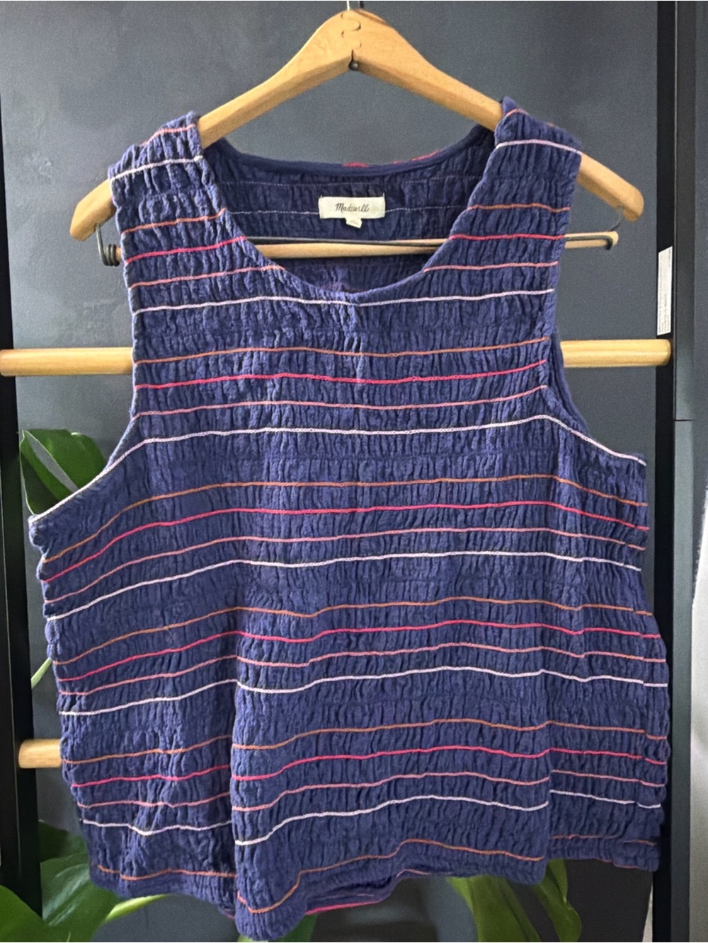 Madewell XXL Textured Sleeveless Tank Top Navy Stripe Smocked Summer